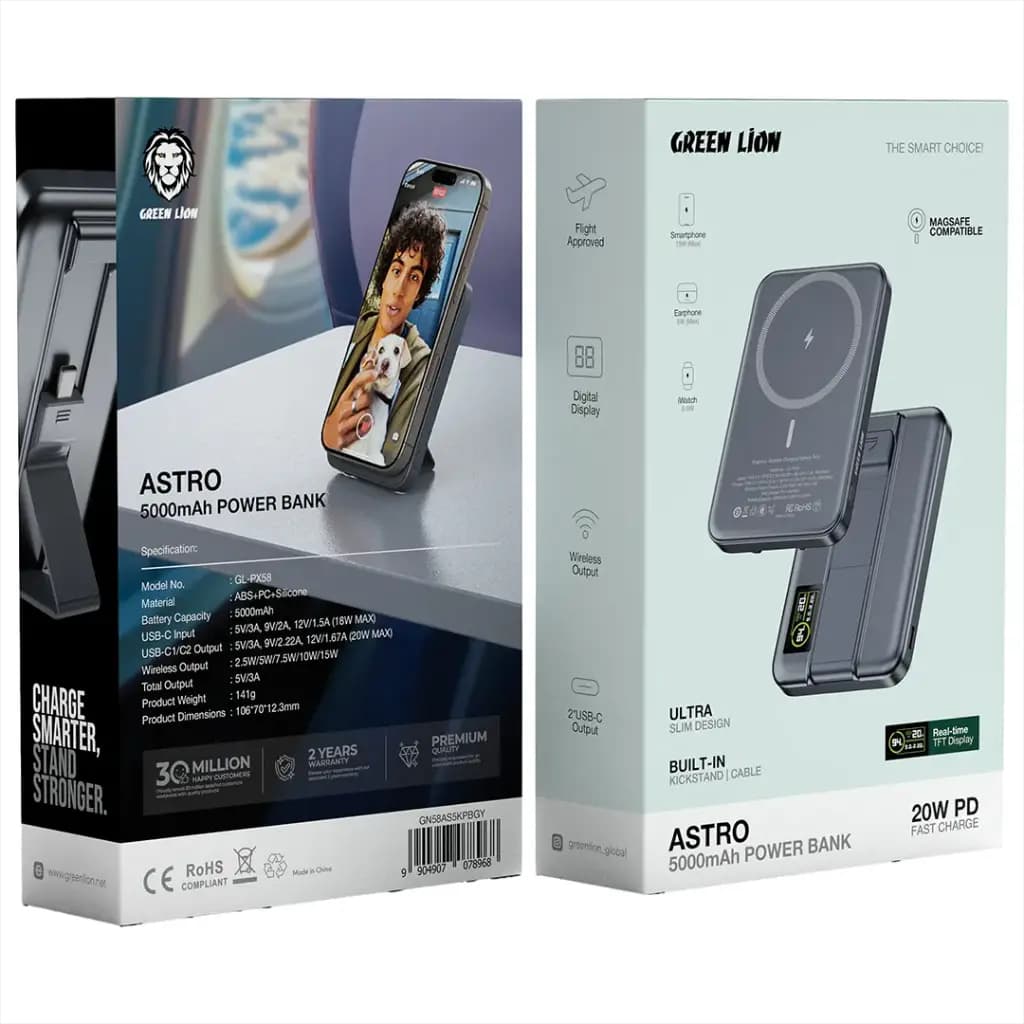 پاوربانک Green Lion Astro 5000mAh مگسیف دار با استند و شارژ بیسیم 15W — تصویر ۴