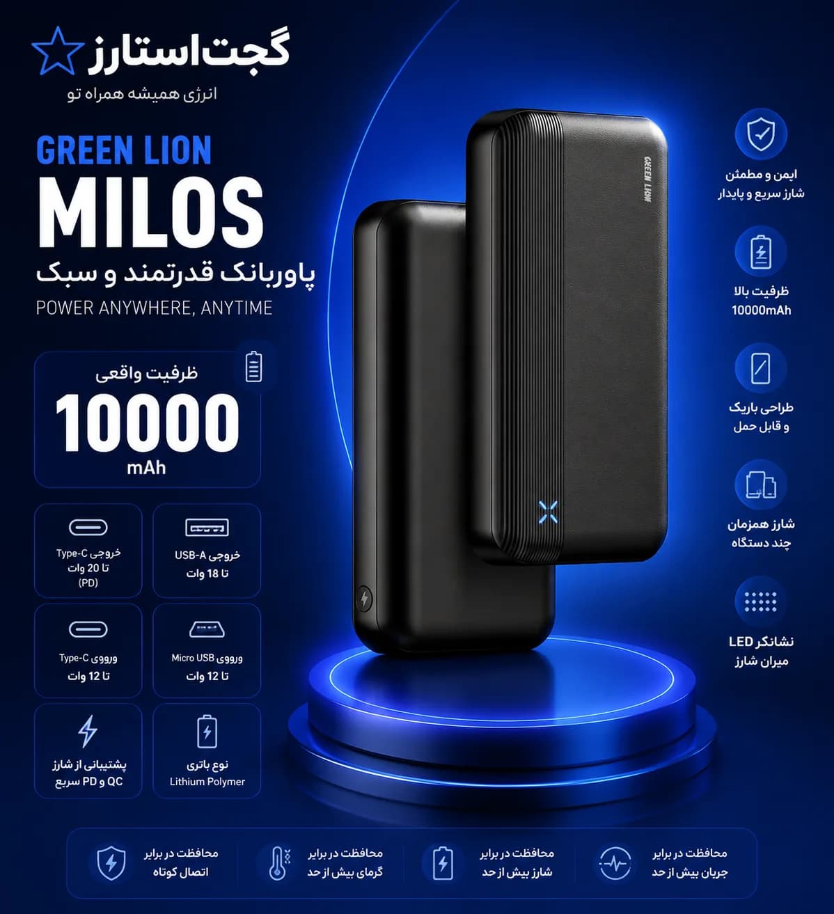 پاوربانک Green Lion Milos 10000mAh با شارژ سریع PD 20W طراحی سبک — تصویر ۱۱