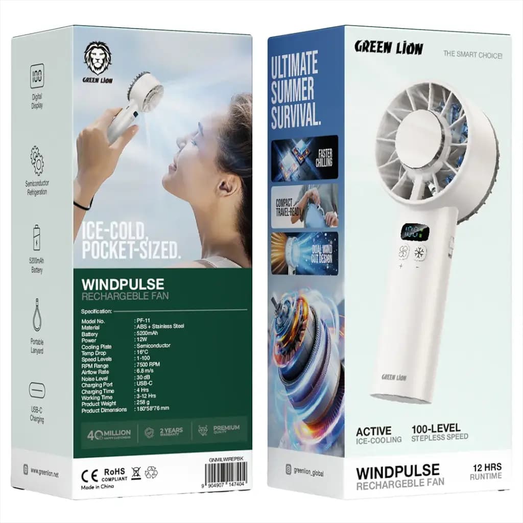 پنکه دستی گرین لاین مدل Green Lion WINDIX PRO Handheld Fan با خنک‌کننده نیمه‌هادی و باتری 5200mAh — تصویر ۴