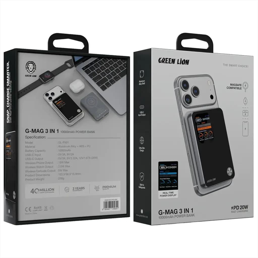 پاوربانک گرین لاین G-Mag 3 در 1 10000mAh با شارژ بی‌سیم، مگ‌سیف و PD 20W — تصویر ۴