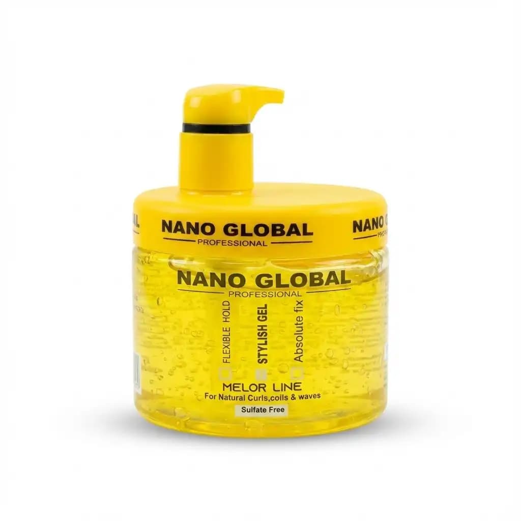 ژل مو پمپی نانو گلوبال (Nano Global) مدل زرد Melor مخصوص موهای فر و کراتین شده بدون سولفات حجم 500 میلی لیتر