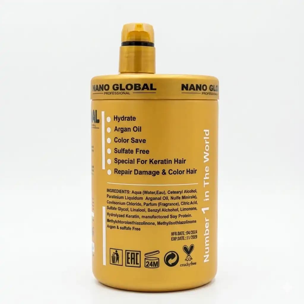 ماسک مو کراتینه نانو گلوبال Nano Global مدل طلایی بدون سولفات و ترمیم کننده قوی حجم 1000 میلی لیتری — تصویر ۳