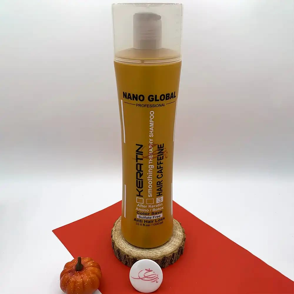 شامپو کراتینه و کافئین نانو گلوبال Nano Global طلایی فاقد سولفات، ضد زیرش و تثبیت کننده کراتین حجم 1000 میلی لیتر