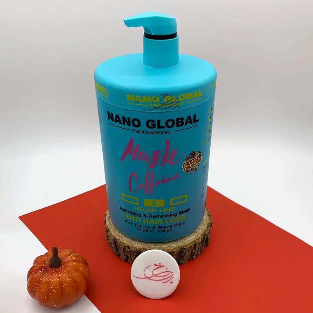 ماسک مو با آبکشی کافئین و شکلات نانو گلوبال Nano Global مخصوص موهای فر شده و طبیعی و ضدریزش آبی حجم 1000 میلی لیتر — تصویر ۲