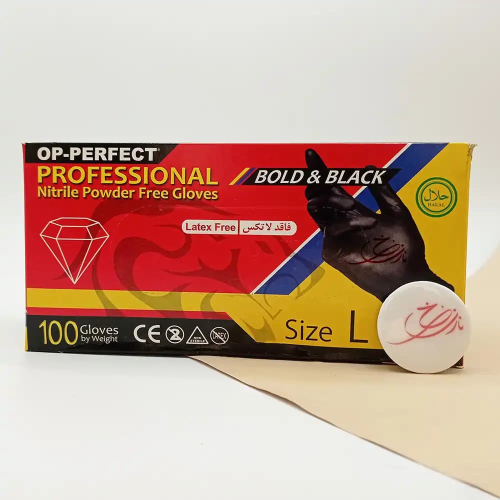 دستکش یکبار مصرف لاتکس مشکی برند OP-PERFECT مدل پروفشنال PROFESSIONAL سایز متوسط L بسته 100 عددی