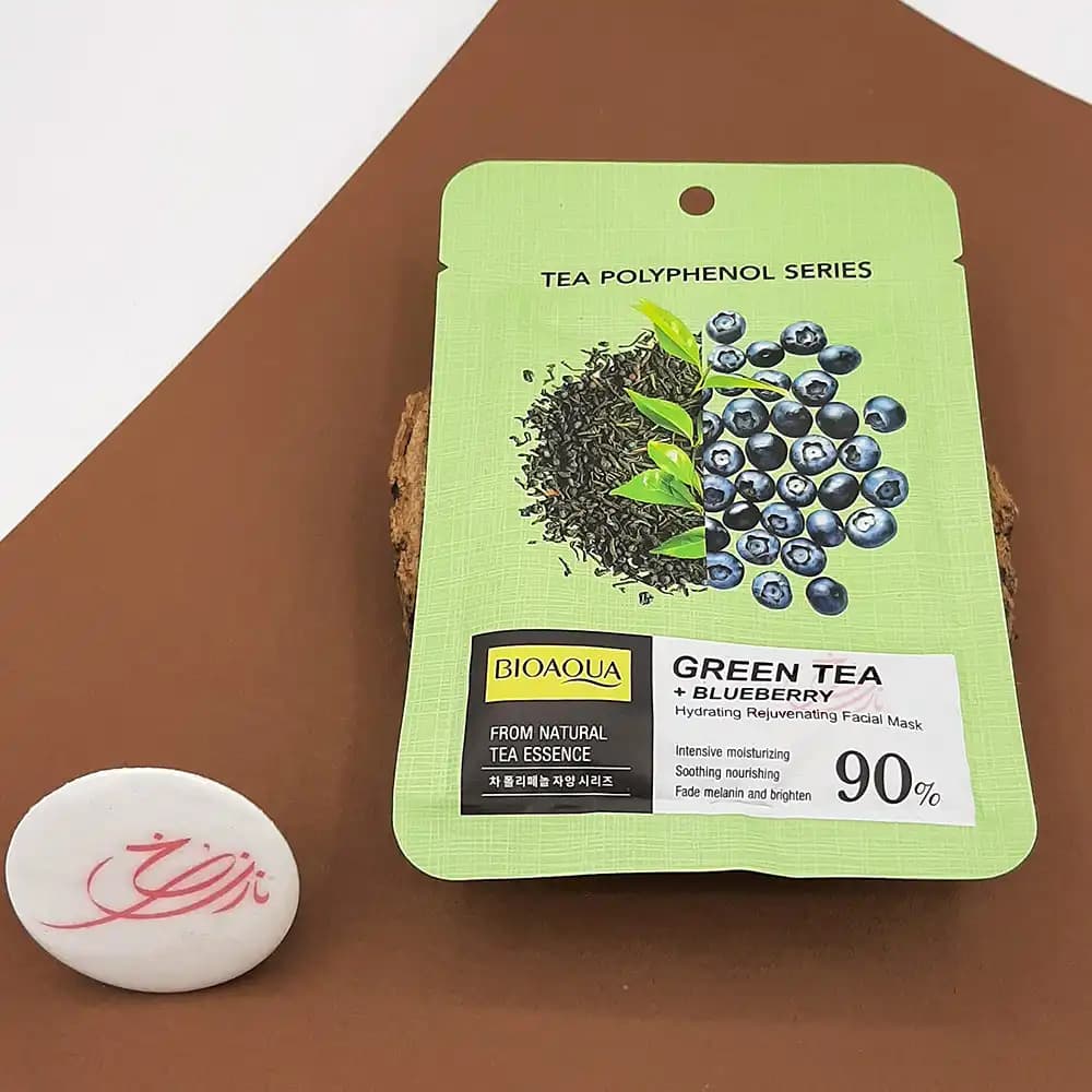 ماسک صورت ورقه ای بایوآکوا BIOAQUA مدل چای سبز + بلوبری Green Tea + Blueberry حجم 25 میلی لیتر