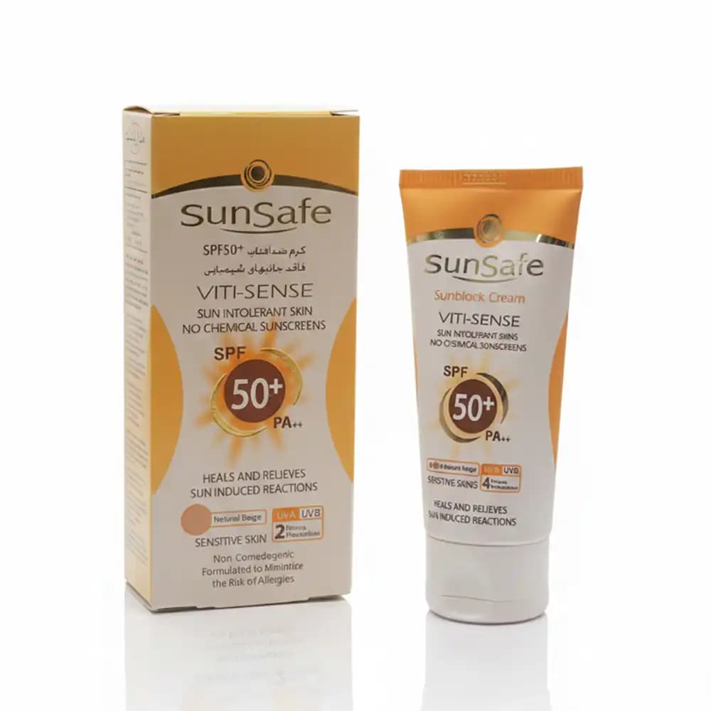 کرم ضد آفتاب SPF 50 رنگی سان سیف (SunSafe) مدل Viti-Sense بژ طبیعی مناسب پوست حساس حجم ۵۰ میلی‌لیتر