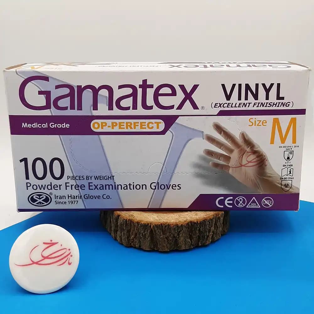 دستکش یک بار مصرف وینیل VINYL گاماتکس Gamatex OP-PERFECT بدون پودر سایز M بسته 100 عددی
