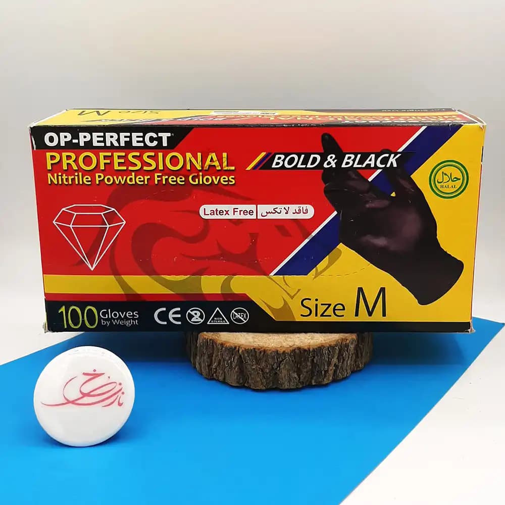 دستکش یکبار مصرف لاتکس مشکی برند OP-PERFECT مدل پروفشنال PROFESSIONAL سایز متوسط M بسته 100 عددی