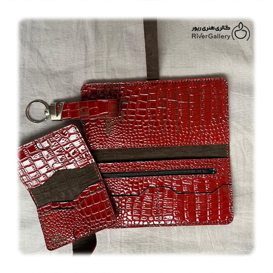 ست کیف پول جاکلیدی و جاکارتی چرم طبیعی دست ساز آتش — تصویر ۹