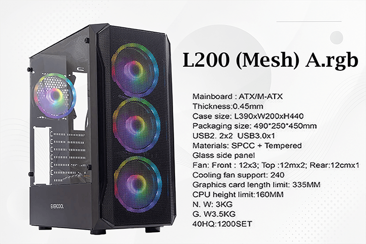 کیس گیمینگ 4 فن EVERCOOL L200 (Mesh) A.RGB | EVERCOOL L200