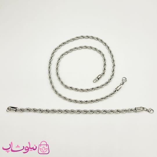 ست گردنبند و دستبند مردانه مدل طنابی نقره ای