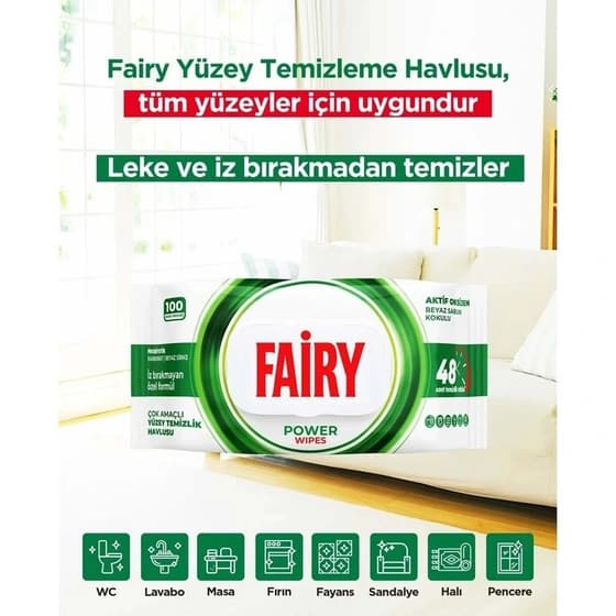 دستمال مرطوب سطوح فیری Fairy مدل Power Wipes حاوی صابون سفید بسته 100 عددی — تصویر ۹