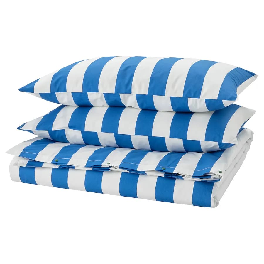 روکش لحاف و 2 عدد روبالشی ایکیا SLANHOSTMAL راه راه آبی/سفید، 240×220/50×80
