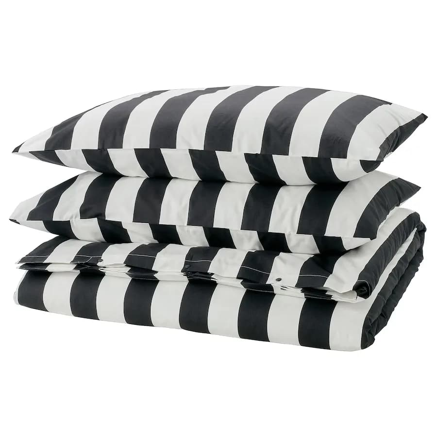 روکش لحاف و 2 عدد روبالشی ایکیا SLANHOSTMAL راه راه مشکی/سفید، 240×220/50×80