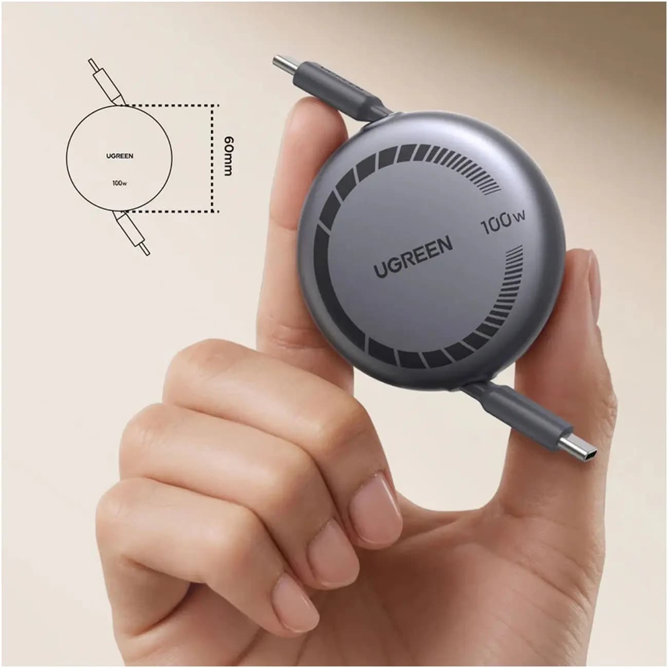 کابل تایپ سی یوگرین UGREEN 100W Nexode Retractable USB C Cable مدل L531-65905 جمع شونده 100 وات 1 متری — تصویر ۶