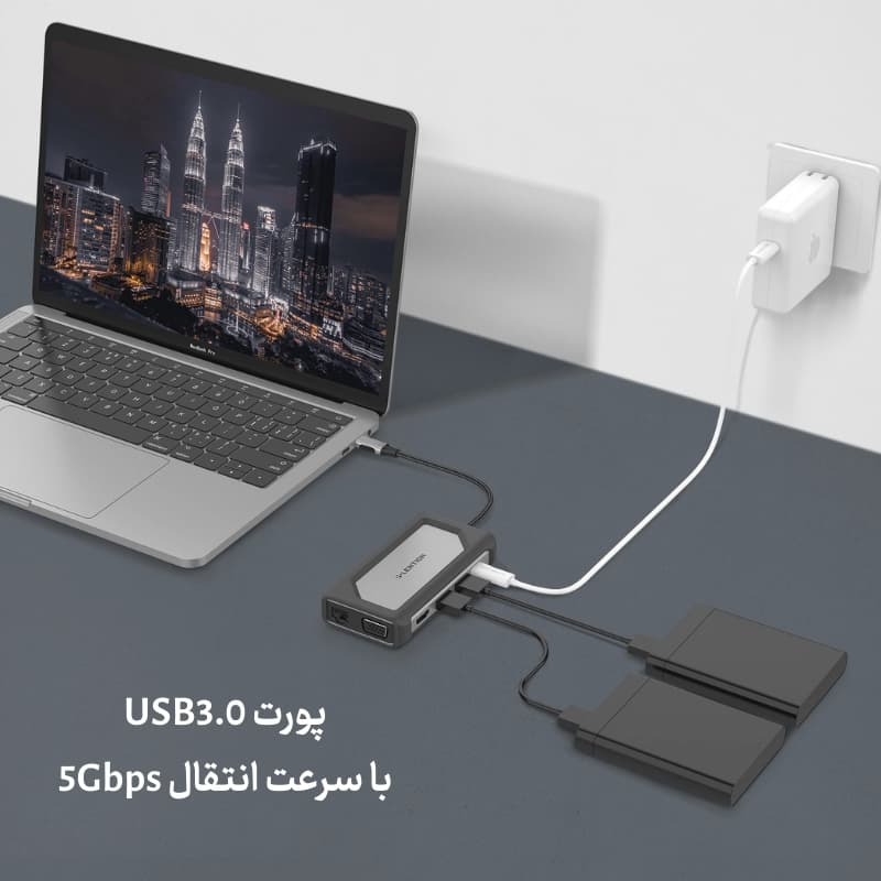 هاب 7 پورت لنشن lention C75 USB C دارای PD 100w و پورت شبکه 1 گیگ — تصویر ۶