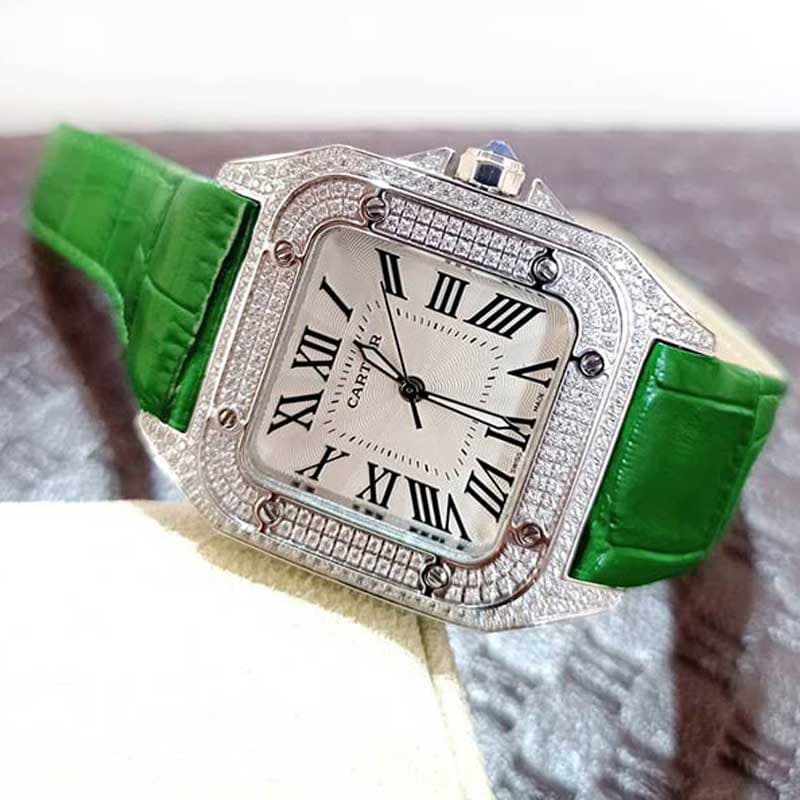 ساعت مچی کارتیر زنانه فول نگین بند چرم سبز Cartier 7845 — تصویر ۷