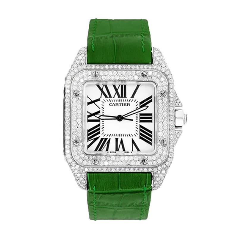 ساعت مچی کارتیر زنانه فول نگین بند چرم سبز Cartier 7845 — تصویر ۵