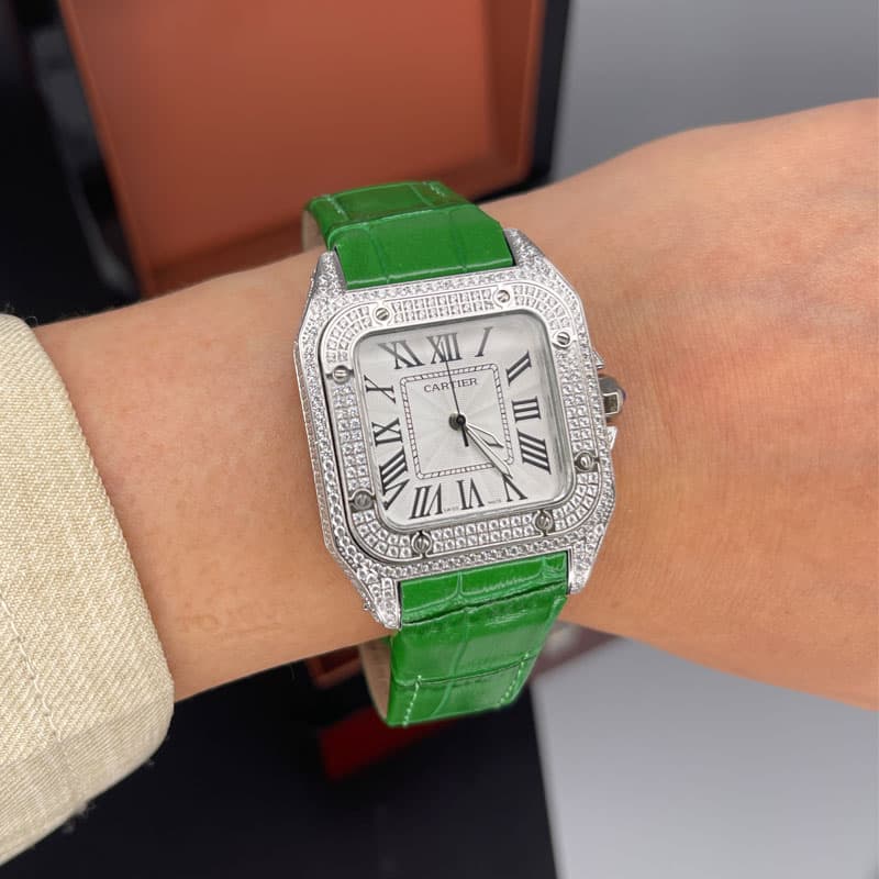 ساعت مچی کارتیر زنانه فول نگین بند چرم سبز Cartier 7845 — تصویر ۳