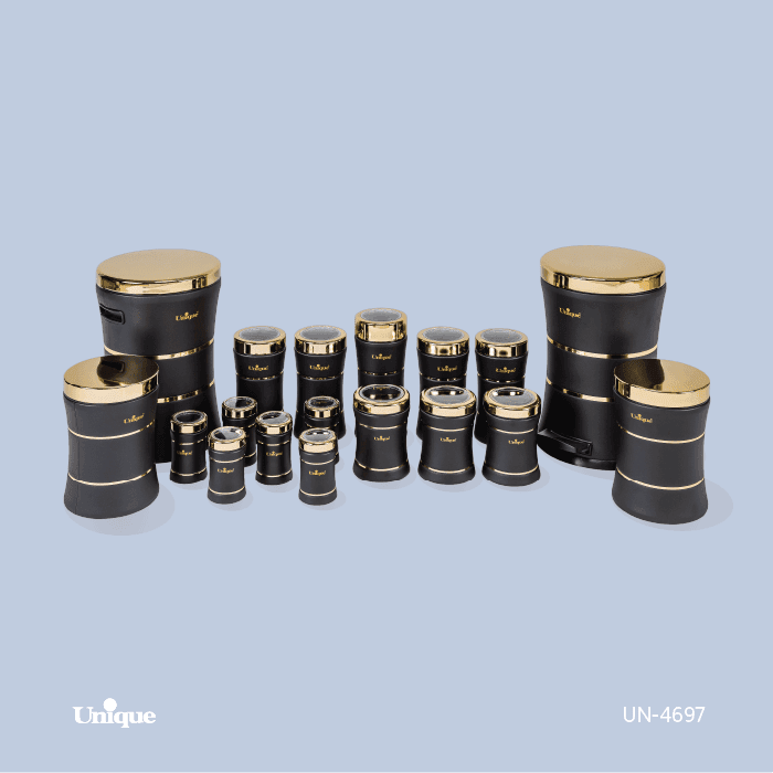 سرویس آشپزخانه 18 پارچه کمرباریک خطی مشکی مات طلایی یونیک کد UN-4697