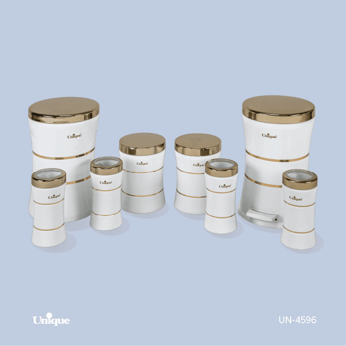 سرویس آشپزخانه 8 پارچه کمرباریک خطی سفید طلا یونیک کد UN-4596