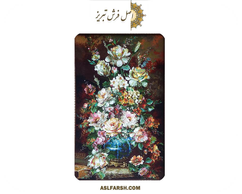 تابلو فرش گل گلدان آبی
