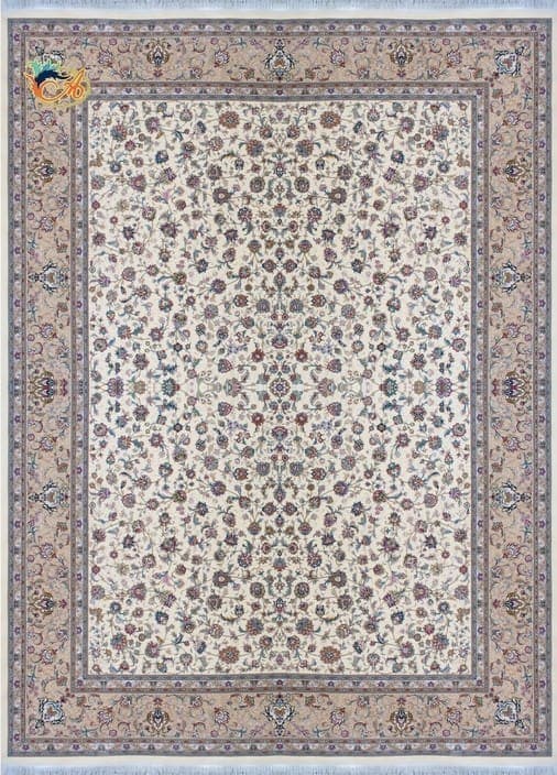 فرش ماشینی افرند دستباف نما گل ابریشم 1250 شانه زمینه موزی کد 24840