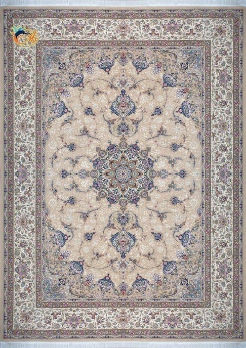 فرش ماشینی افرند دستباف نما گل ابریشم 1250 شانه زمینه بژ کد 24830