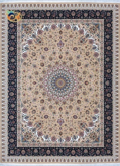 فرش ماشینی افرند دستباف نما گل ابریشم 1250 شانه زمینه بژ کد 24860