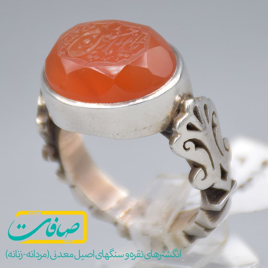 انگشتر عقیق یمنی خطی تراشدار “یا امام حسین” مردانه «کد 3545»