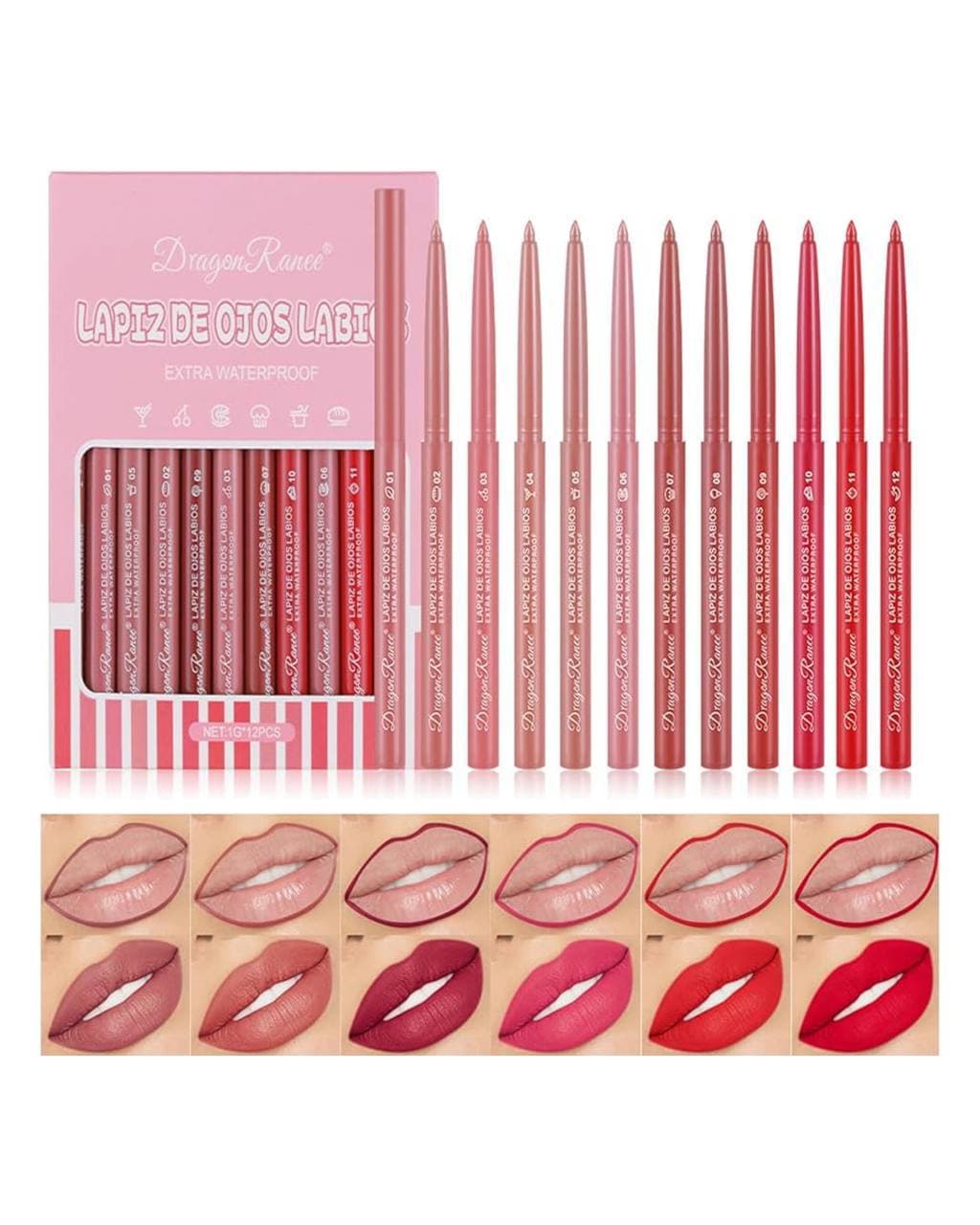 پک ۱۲ عددی خط لب و رژلب ماژیکی دراگون رانی | Dragon Ranee Lip Marker Set – بافت نرم و رنگ‌بندی متنوع