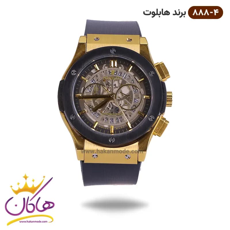 ساعت هابلوت مردانه بند رابر کرنوگراف صفحه اسکلتون قاب مشکی 888/4 — تصویر ۲