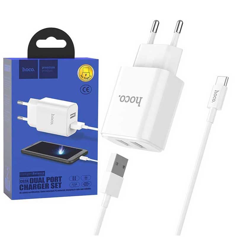 شارژر دیواری دو پورت هوکو مدل C62A با کابل میکرو USB