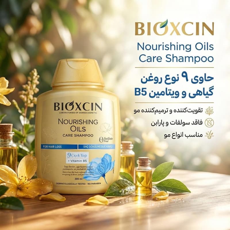 شامپو بیوکسین طلایی Nourishing Oils Care حاوی 9 روغن گیاهی + ویتامین B5 | بدون سولفات| بدون پارابن | 300 میل — تصویر ۷
