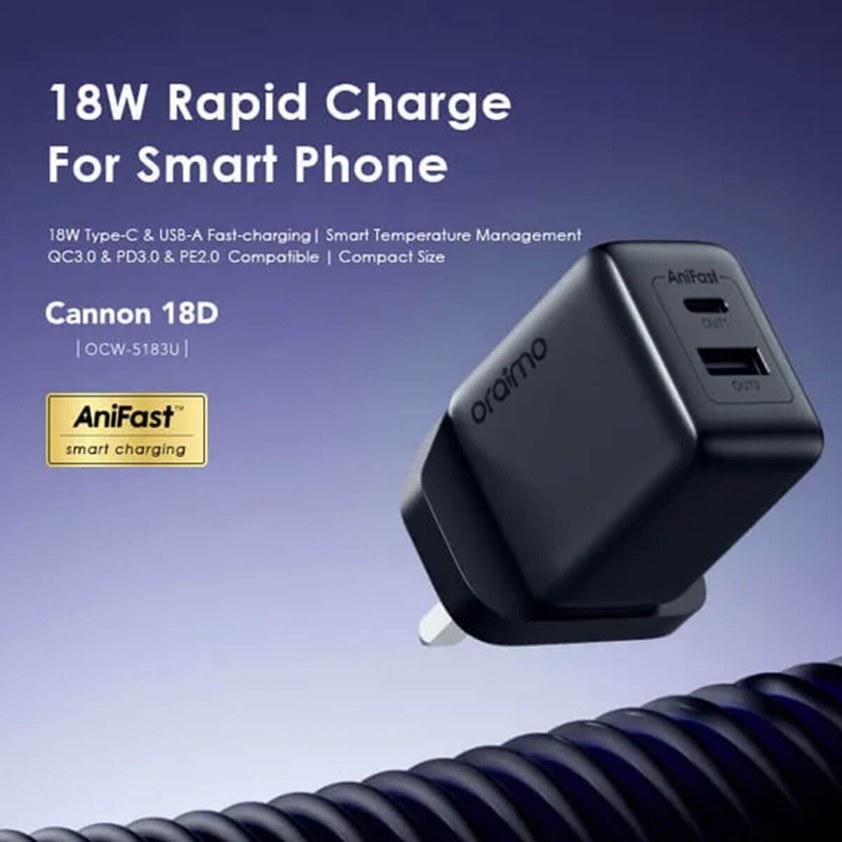 آداپتور ۱۸ وات اورایمو همراه با کابل type-c مدل Oraimo Cannon 18D — تصویر ۱۲