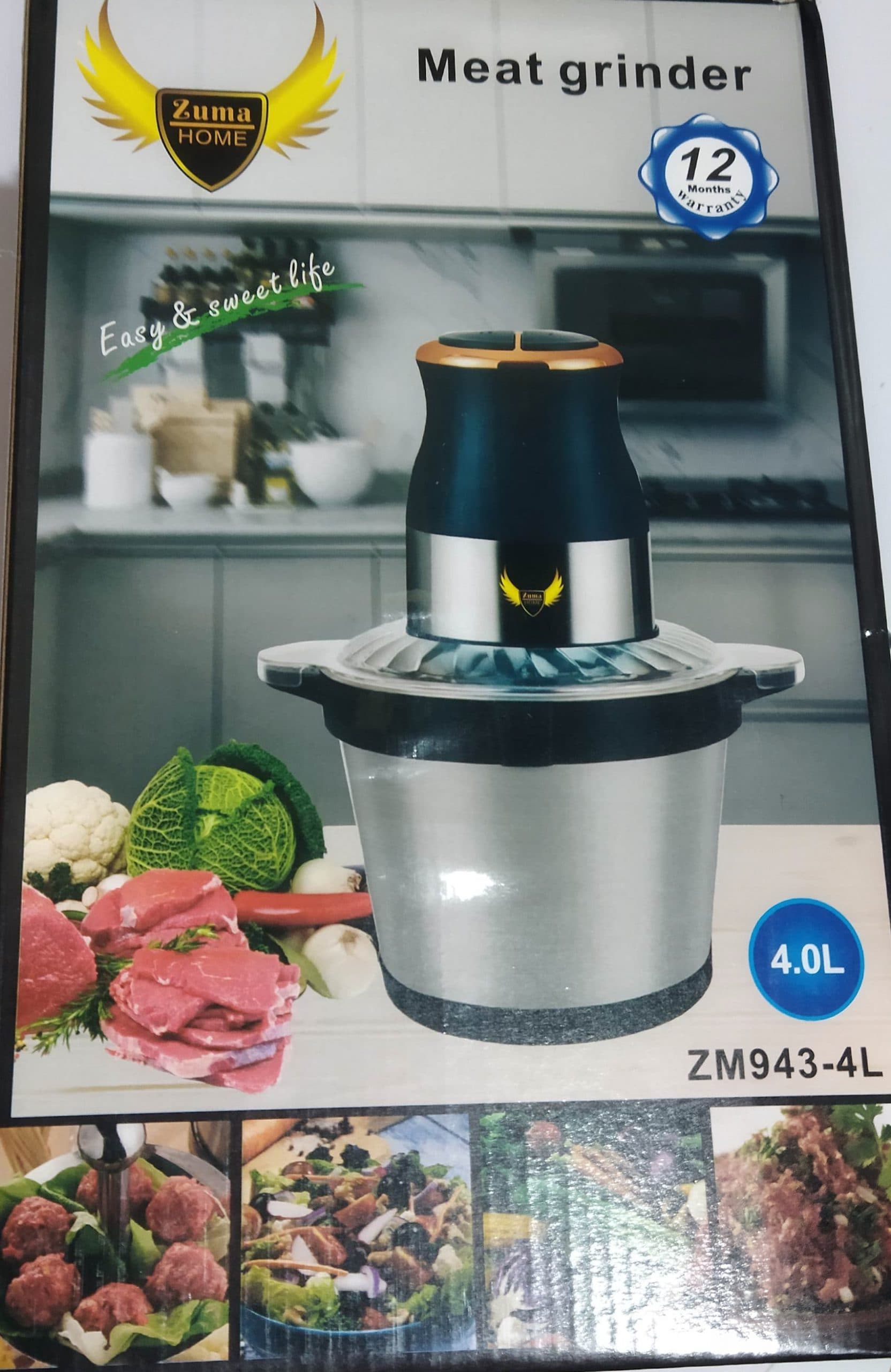 خرد کن غذاساز چندکاره شش تیغه زوما هوم 4لیتری ZUMA HOME مدل 943 توان 1200 وات-مناسب مرغ و سبزیجات