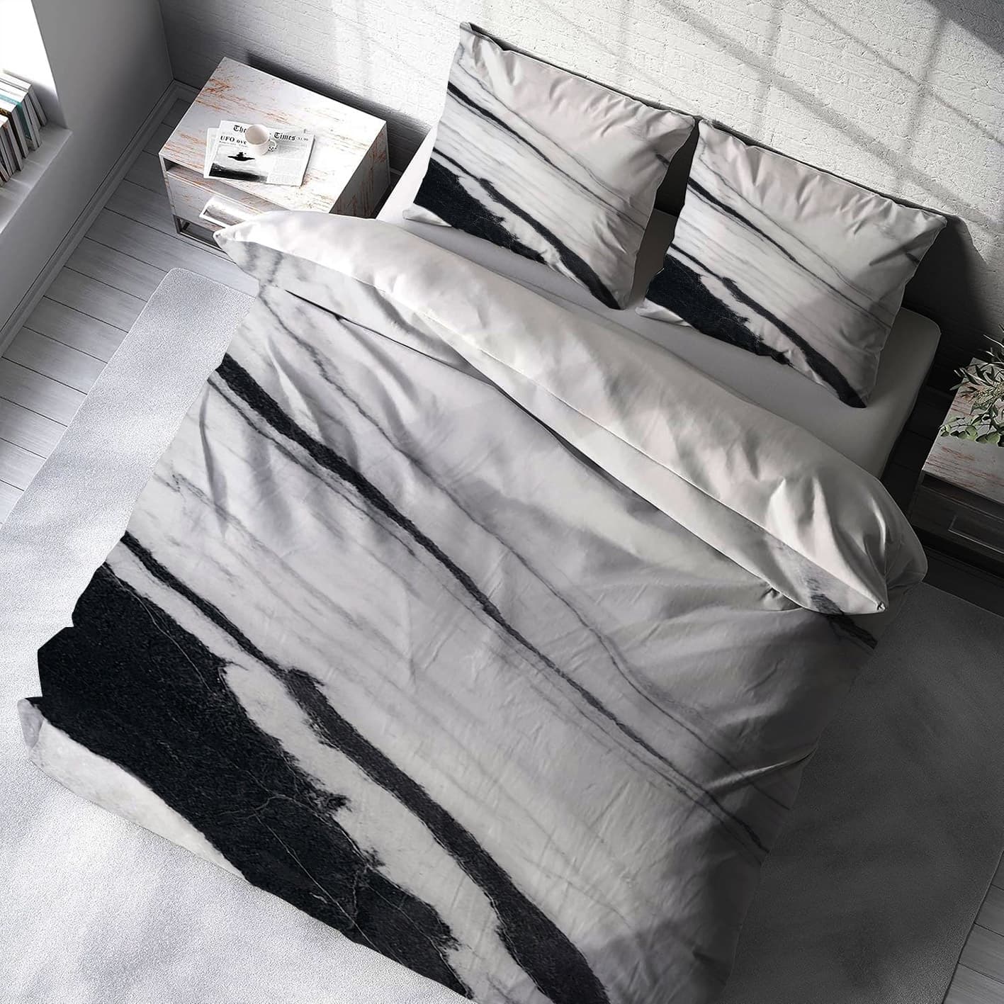 ست روتختی دونفره طرح سنگ ماربل مشکی و سفید BA-4756