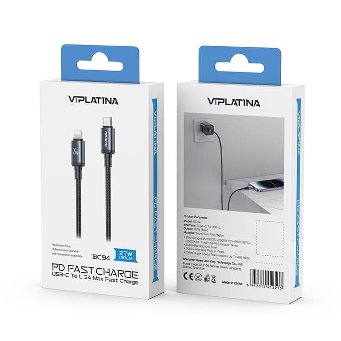 کابل تایپسی به لایتنینگ وی آی پلاتینا VIPLATINA BC94 طول 1.2متر 27w — تصویر ۳