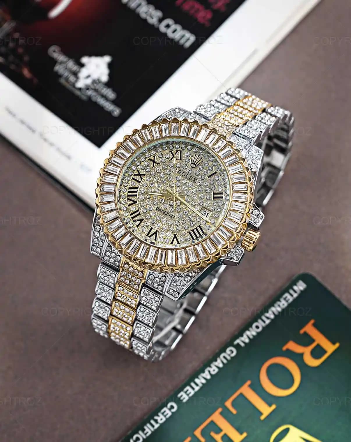 ساعت مچی مردانه رولکس ROLEX فول نگین طرح دیت جاست مدل 1263 — تصویر ۳