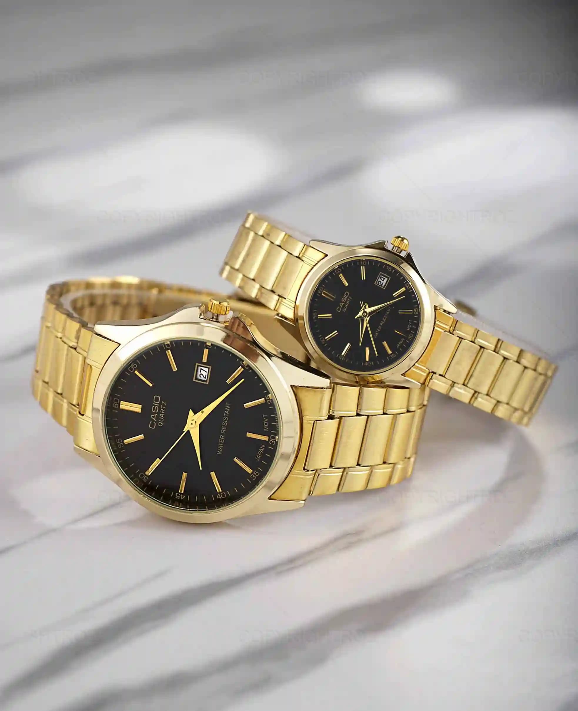 ست ساعت مچی مردانه و زنانه کاسیو CASIO طلایی مدل 1214 — تصویر ۸