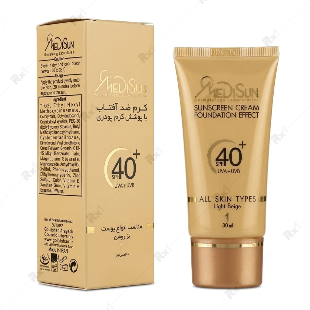 ضدآفتاب کرم پودری مدیسان SPF40 رنگ بژ روشن 1 مناسب انواع پوست حجم 30 میلی لیتر