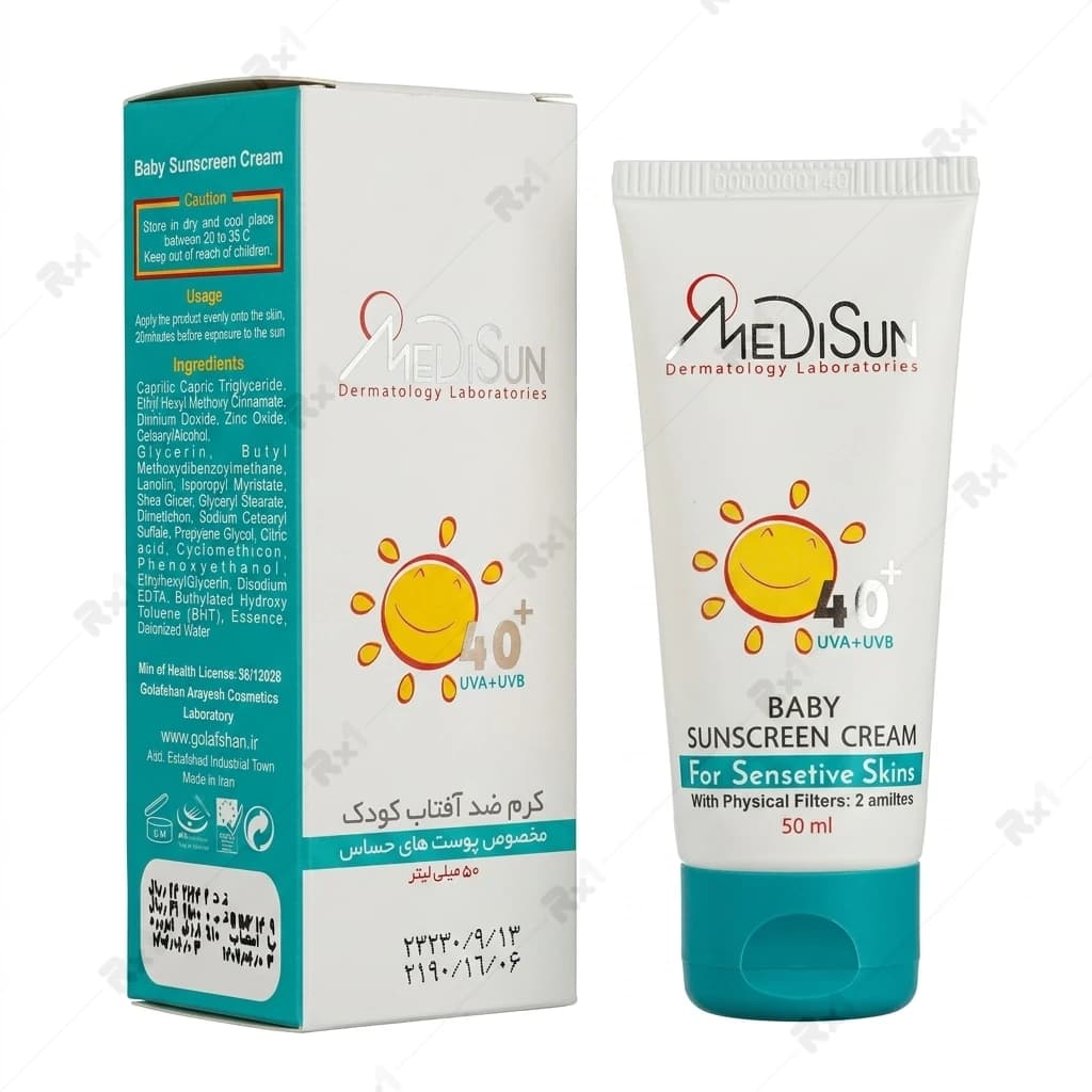 کرم ضدآفتاب کودک مدیسان SPF40 مناسب پوست حساس حجم 50 میلی لیتر