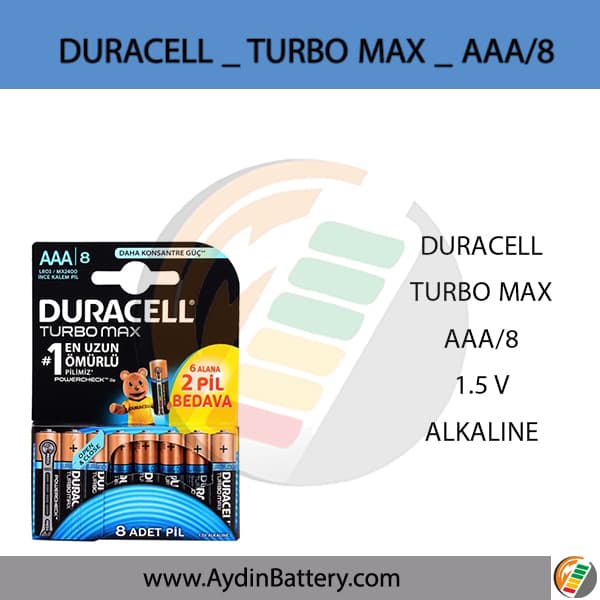 باتری نیم قلمی آلکالاین دوراسل DURACELL -AAA8 TURBO MAX — تصویر ۲