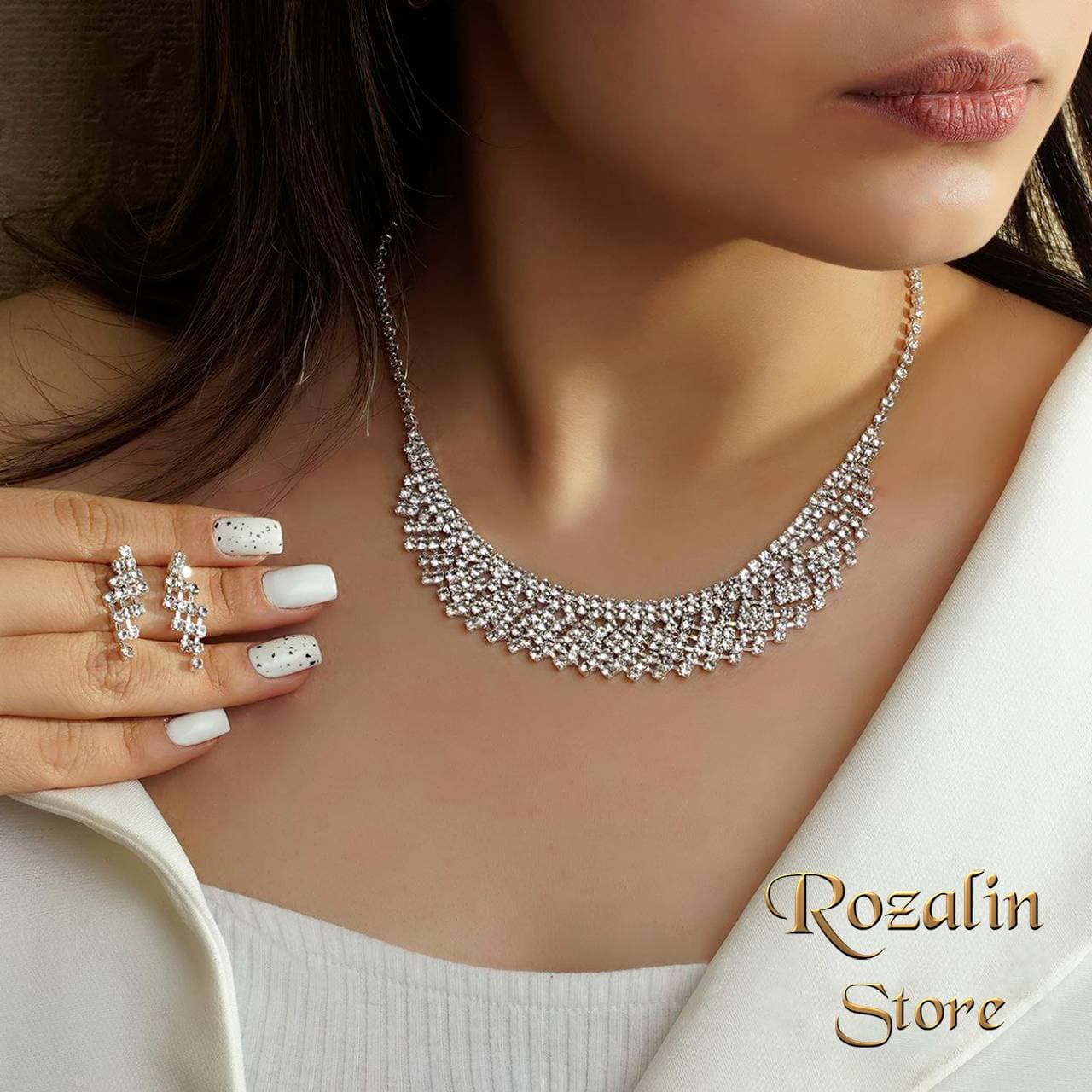 سرویس زنانه جواهری آب نقره تمام نگین کد RS-223