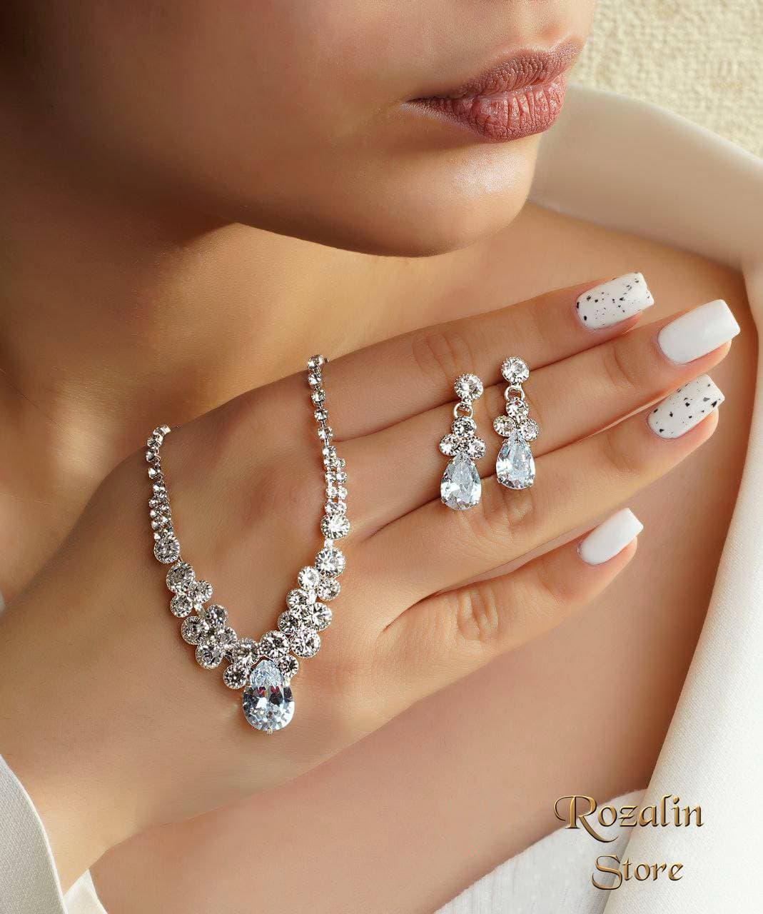 سرویس زنانه جواهری آب نقره تمام نگین کد RS-220