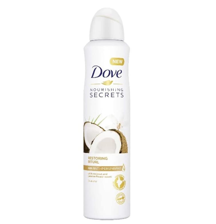 اسپری دئودورانت داو Dove زنانه مدل Restoring Retual رایحه نارگیل و جاسمین حجم 250 میل
