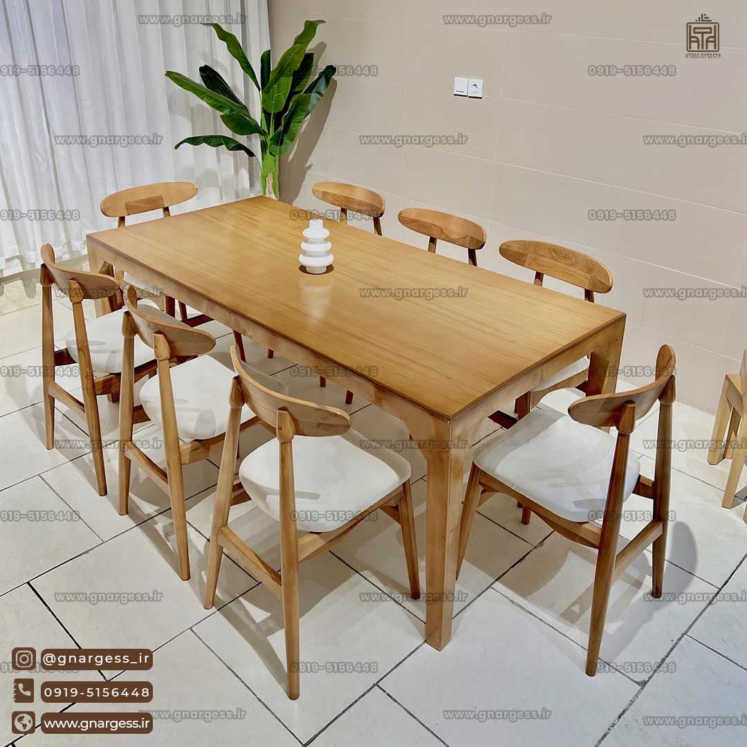 میز ناهارخوری چوبی 8 نفره اسپرت با صندلی وان چوب راش