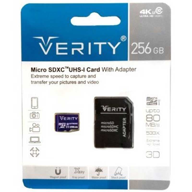 کارت حافظه میکرو ۲۵۶ گیگابایت وریتی Verity Ultra U3 C10 80MB/s + خشاب ا Verity Micro 256 GB Ultra U3 C10 کد 3742