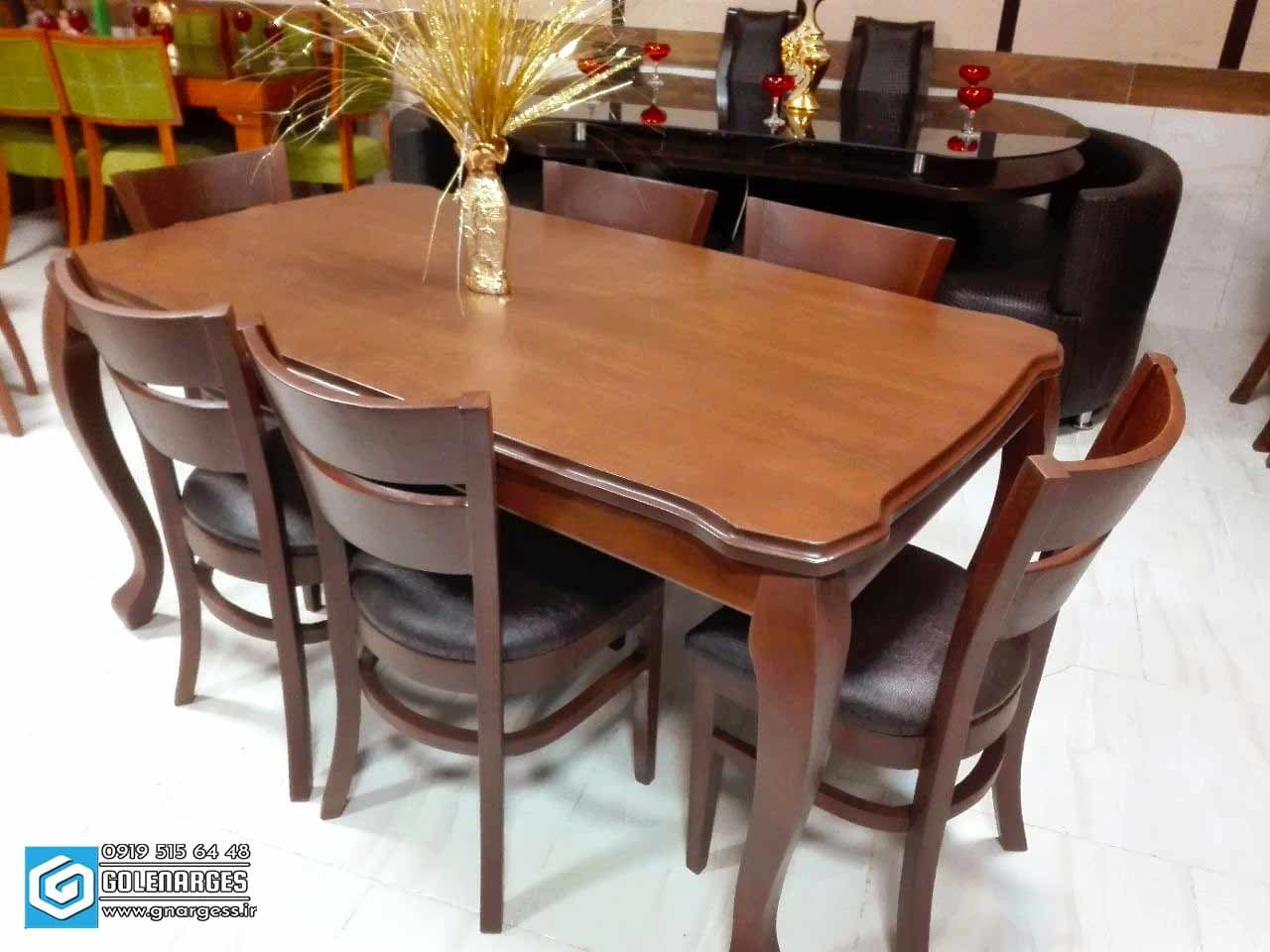 میز غذاخوری 6نفره چوب راش با صندلی دو تیره پهن